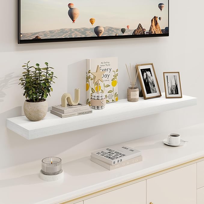 White Floating Shelves 48 Inch Long, 8 Deep Floating Shelves for Wall, Rustic 48" Long Fireplace Mantel, Large 48 x 8 Wall Shelves for Bedroom, Living Room, Bathroom, White Deep Shelves Set of 1-Ruum Studio Home