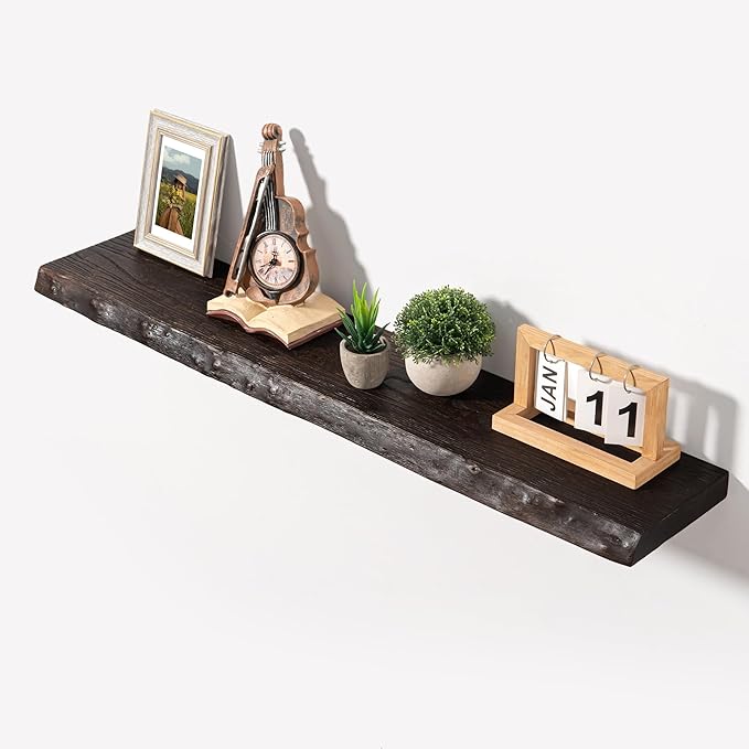 Axeman 40 inch Floating Shelves for Wall - 8'' D Live Edge Rustic Solid Elm Wood Floating Shelves Wall Mounted, Wall Shelves with Invisible Bracket for Living Room Bedroom Kitchen, Set of 1 Walnut-Ruum Studio Home