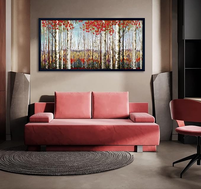 Large Framed Wall Art for Living Room Bedroom Modern Wall Decor of Red Leaves White Birch Tree Forest Giclee Painting Artwork Wall Decoration 29x58 Large Size Black Framed-Ruum Studio Home