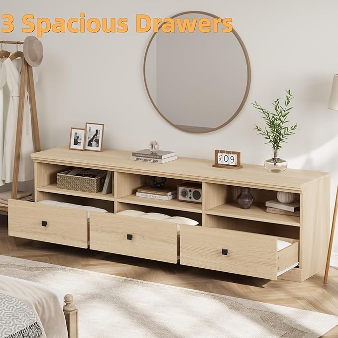 IDEALHOUSE 70in TV Stand for TVs up to 80", Mid Century Modern Entertainment Center with Storage Drawer and Open Shelves, TV Console Media Cabinet for Living Room, Bedroom (Light Oak)-Ruum Studio Home