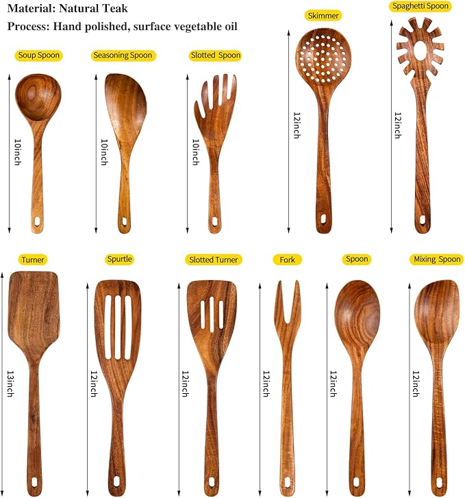 GUDAMAYE 11 PCE Wooden Spoons for Cooking, Wooden Kitchen Utensils Set,Wooden Cooking Utensils,Natural Teak Wooden Spoons For Non-stick Pan-Ruum Studio Home