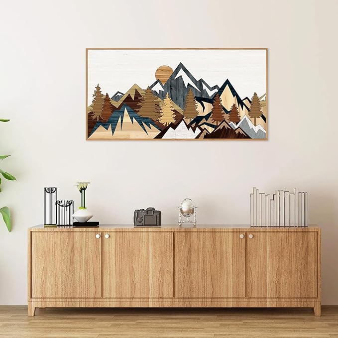 SIGNINART Large Mountain Framed Canvas Wall Art, Boho Sunrise Wilderness Wall Decor, Vintage Forest Nature Artwork, Modern Farmhouse Woodcut Style Art Prints for Living Room Bedroom, Office 20"x40"-Ruum Studio Home