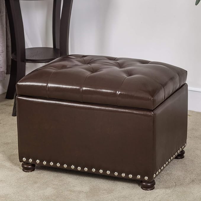 24'' Leather Storage Ottoman Rectangular Foot Rest Stool with Nailhead Trim for Bedroom Living Room(Dark Brown)-Ruum Studio Home