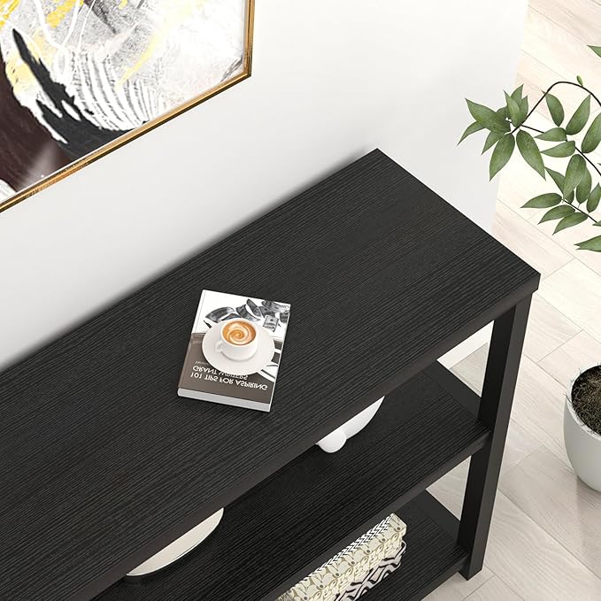 FOLUBAN Entryway Table, Modern Sofa Console Table with 3 Tier Storage Shelf for Living Room Hallway Foyer, Industrial Black Oak-Ruum Studio Home