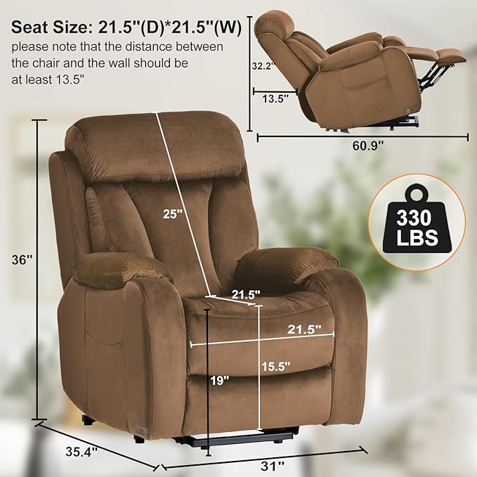 Power Lift Chair Recliners for Elderly, Modern Adult Power Lift Recliner, Velvet Upholstery Electric Lift Chair Recliner with Side Pocket for Living Room (Brown)-Ruum Studio Home