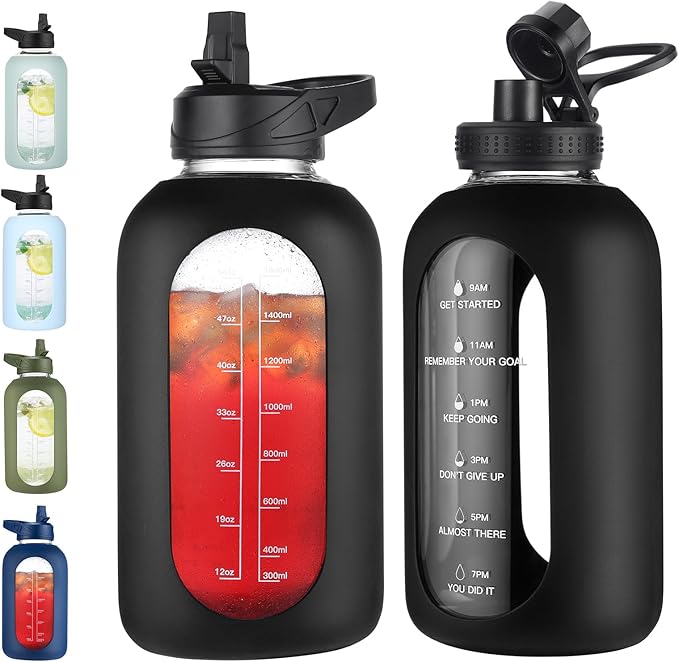 64 oz Glass Water Bottle With Straw and Handle, Half Gallon Sports Motivational Water Jug Flask with Silicone Sleeve, Large Water Cup with Time Marker for Travel, Gym, Black-Ruum Studio Home
