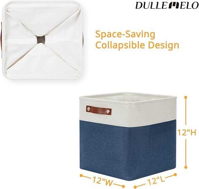 DULLEMELO Foldable Storage Cubes 12 x 12 Organizer Bins,Canvas Storage Bins Empty Gift Baskets for Organizing with SturdyLeather Handles, Closet Baskets for Nursery Storage(4 Pack - 12" White&Blue)-Ruum Studio Home