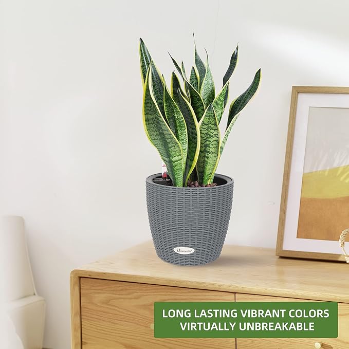 Dexceder 9x8 Inches Rattan Self Watering Planter Indoor Outdoor, Inner Pot Design, Thickened Table Flower Plant Pot with Water Level Indicator (Deep Gray)-Ruum Studio Home