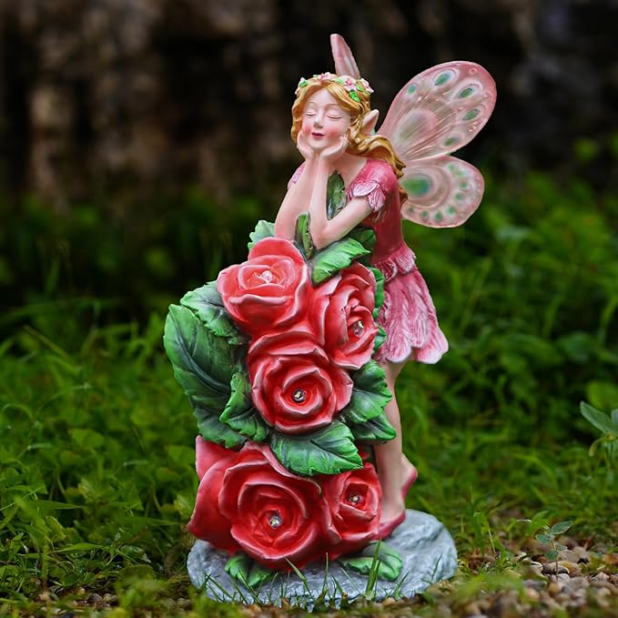 Solar Garden Outdoor Statues Cute Flower Fairy with 7 LED Solar Figurine for Lawn,Patio, Balcony, Yard Unique Housewarming Gift, for Woman, Mom, Grandma-Ruum Studio Home