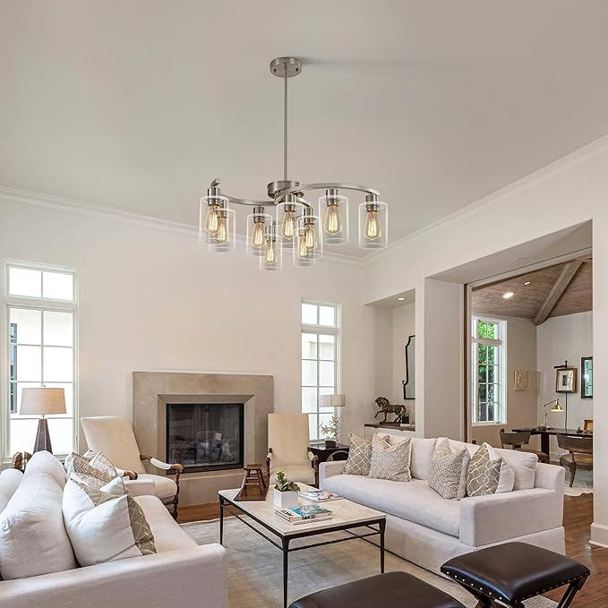 9-Light Brushed Nickel Glass Chandelier, Adjustable Height Hanging Industrial Dining Room Chandelier Over Table, Modern Farmhouse Chandelier for Kitchen Island Living Room Entryway Bedroom-Ruum Studio Home