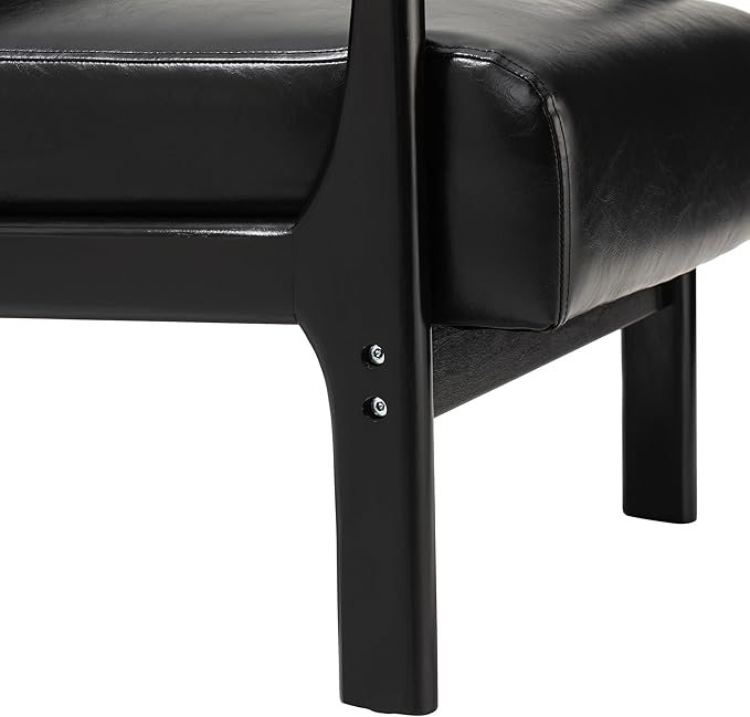 Glitzhome Accent Armchair with Walnut Ruberwood Frame, Black PU Leather Lounge Chair for Living Room-Ruum Studio Home