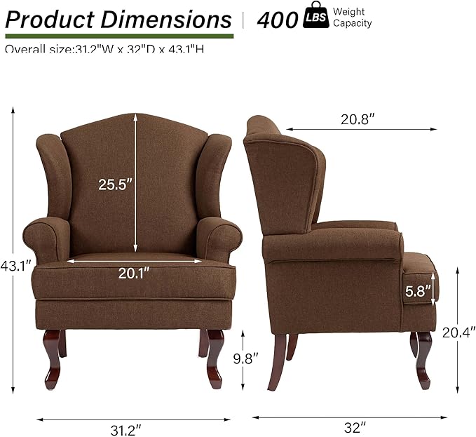 Accent Chair, High Back Upholstered Armchair with High Resilience Sponge & Wood Legs, Mid-Century Modern Comfy Single Sofa Reading Chairs for Living Room, Bedroom (Brown, Set of 1)-Ruum Studio Home