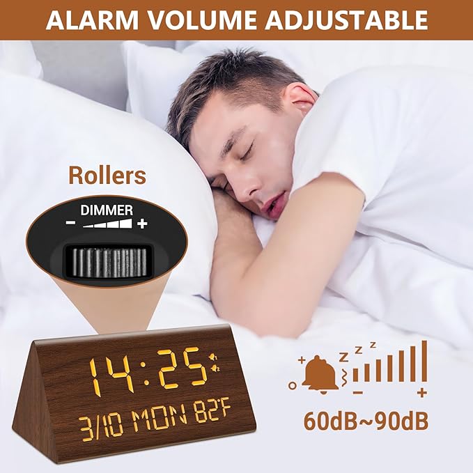 Kogonee Wooden Digital Alarm Clock, 0-100% Dimmer, 2 Alarm Settings, Weekday/Everyday Mode, 9 Mins Snooze, 12/24H, Temperature and Date Display for Office, Travel, Bedroom Alarm Clock (Brown)-Ruum Studio Home
