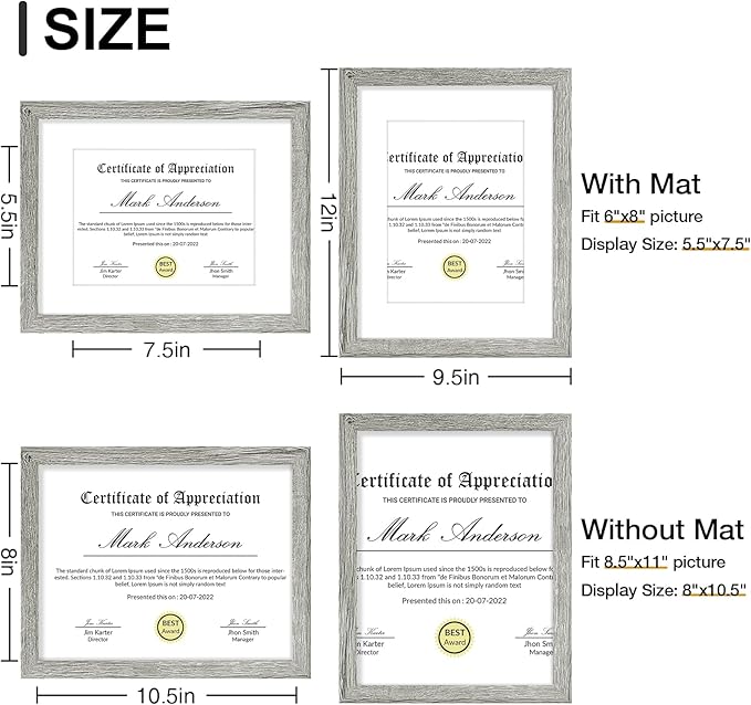 Vittanly 8.5x11 Picture Frames Set of 9, Shatter Resistant Plexiglass, Display 6x8 Pictures with Mat or 8.5x11 without Mat, Photo Frames for Wall or Tabletop, Engineered Wood, Grey-Ruum Studio Home