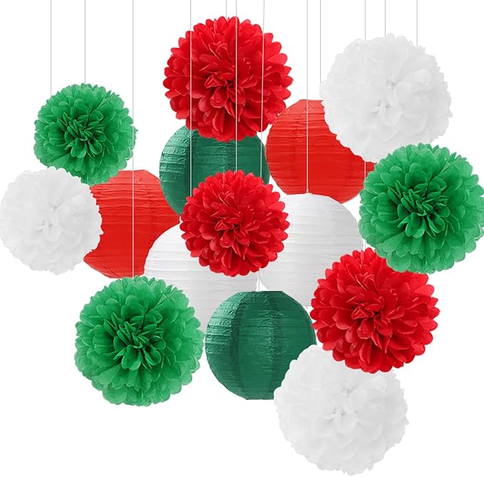 Red-Green White Party-Decorations Christmas Flowers Lanterns - 15PCS Italian Mexican Independence Day Paper Tissue Pom Poms Streamers,Mexico Italy Birthday Baby Shower Wedding Hanging Decor Hugfond-Ruum Studio Home