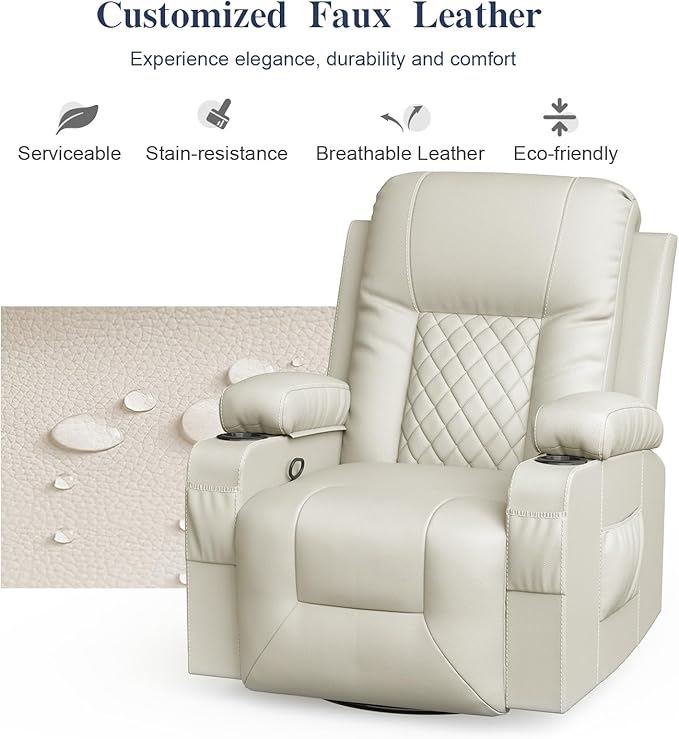 Recliner Chairs for Adults, Massage Rocker with Heated Modern Ergonomic Lounge 360 Degree Swivel Single Sofa Seat Living Room Lounge Recliners Ivory White-Ruum Studio Home