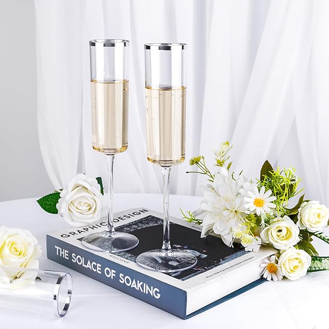 Ciaell 24 Pack Silver Plastic Champagne Flutes - 6 Oz Disposable Champagne Glasses - Square Silver Rim Plastic Toasting Glasses for Party Birthday Anniversary Wedding-Ruum Studio Home