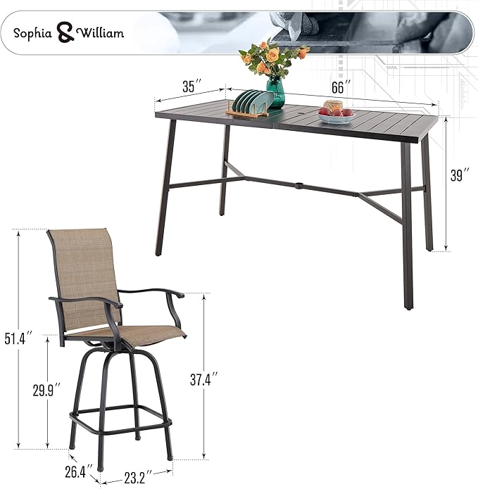Sophia & William Outdoor Bar Set, Patio Bar Table and Chairs Set, Bar Height Patio Set - 4 x Swivel Bar Chairs(Brown), 1 x Rectangular Bar Table(Black)-Ruum Studio Home
