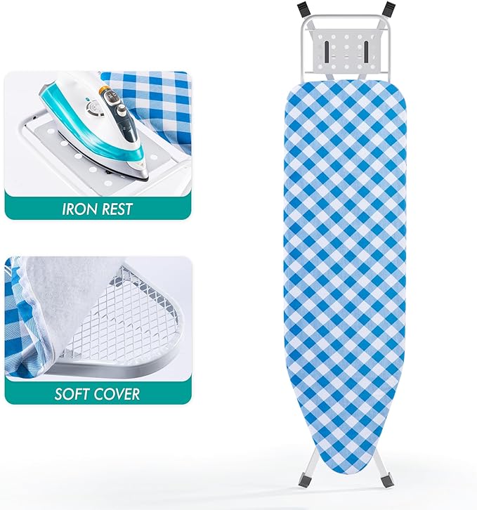 Ironing Board, Heat Resistant Cover Iron Board with Steam Rest, Non-Slip Foldable Ironing Stand. Heavy Sturdy Metal Frame Legs Iron Stand(13 * 34 * 53 Inches) (Blue White)-Ruum Studio Home