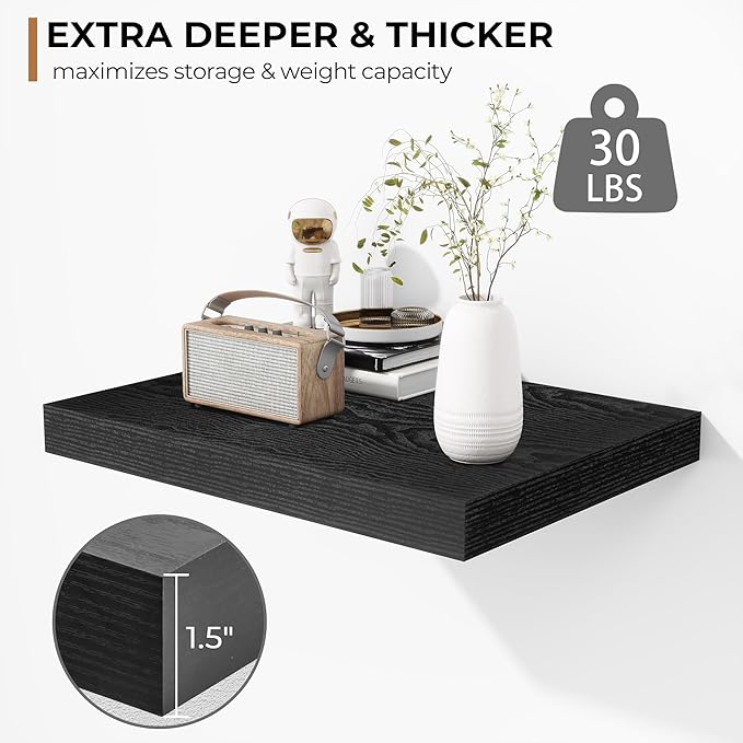Fun Memories Floating Shelves - 2 Pack 12 Inch Deep Rustic Wooden Wall Shelves - Extra Deeper & Thicker Wall Mounted Storage Shelf for Kitchen, Farmhouse - 16" W x 12" D x 1.5" H - Rustic Black-Ruum Studio Home