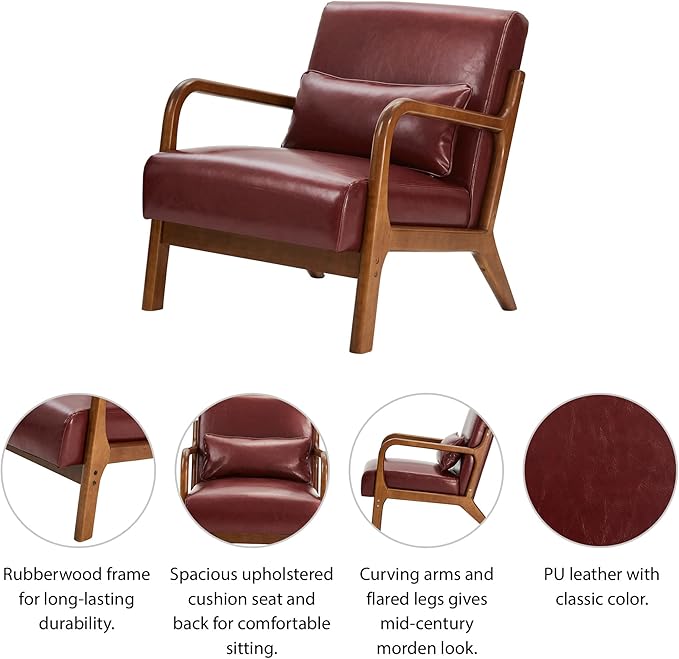 Glitzhome 30.75" H Mid Century Red Accent Armchair, Single Reading Armchair PU Leather Lounge Chair with Walnut Ruberwood Frame-Ruum Studio Home