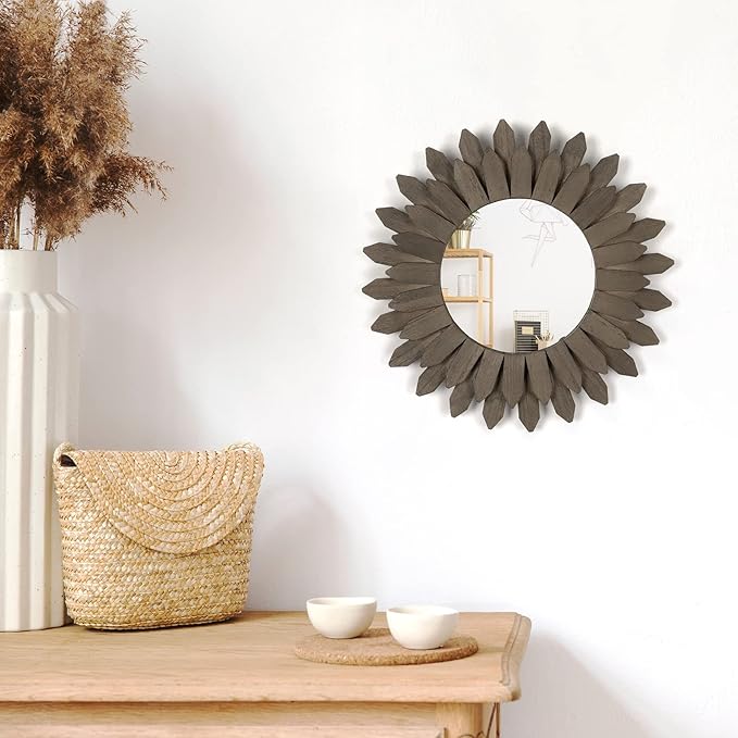 Honiway Farmhouse Wall Decor Mirror 12 inch Sunburst Boho Wood Mirror Rustic Home Decor Room Decoration for Bedroom Living Room Weathered Grey-Ruum Studio Home
