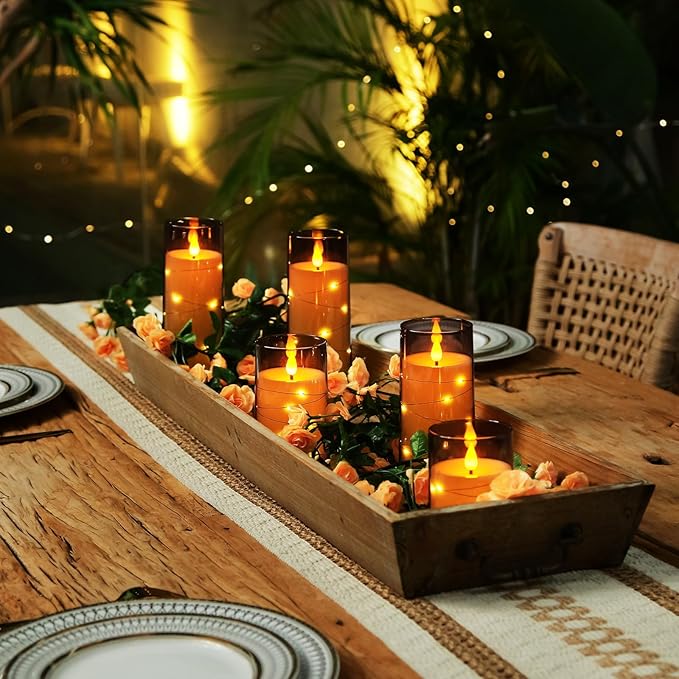Homemory Flameless Candles with Embedded Star String Fairy Lights, Battery Operated Candles, LED Candle, Fake Candles with Remote Control and Timer for Halloween, Gray Acrylic, Set of 5(H4"5"6"8"8")-Ruum Studio Home