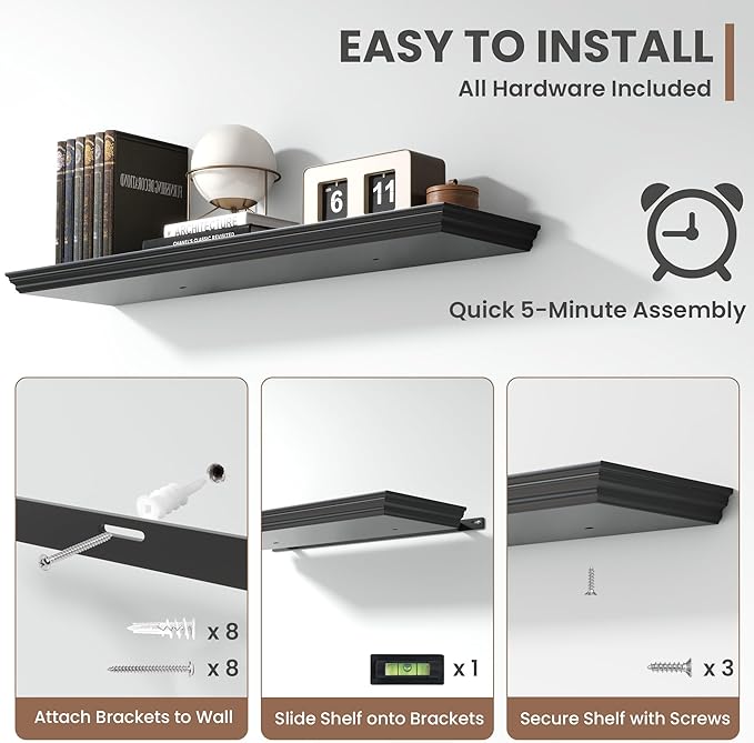 Floating Shelves for Wall, 36 Inch Long Wall Mounted Black Hanging Shelf for Kitchen, Living Room, Office, Bedroom, Bathroom, Retro Vintage Wood Bookshelf for House Decor-Ruum Studio Home