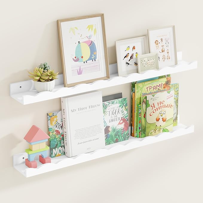 Fun Memories Picture Ledge Shelf for Wall, 36 inch Pine Wood Nursery Book Shelves Set of 2- Wall Book Shelves for Kids Room, Home Decor - Kitchen Spice-White-Ruum Studio Home