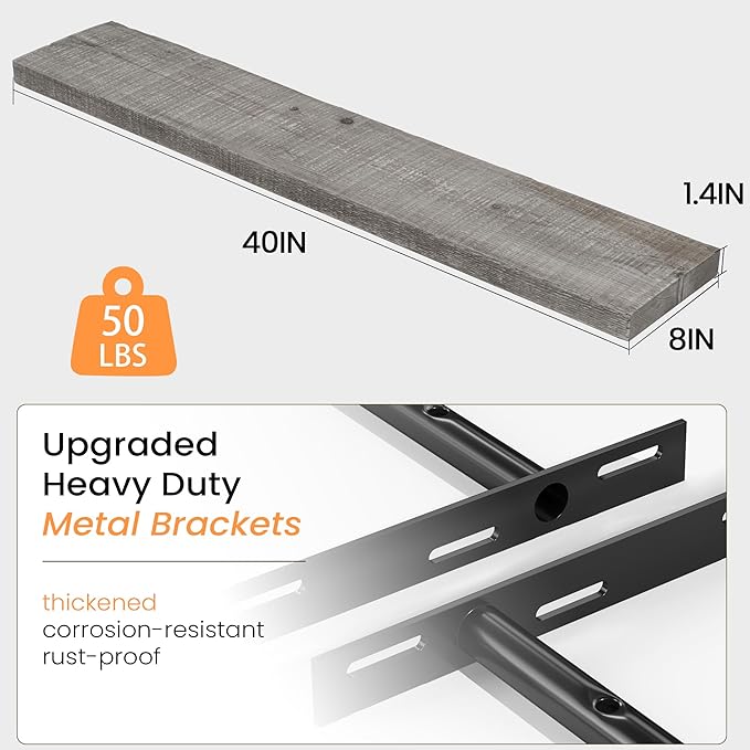 Fun Memories Floating Shelves for Wall Decor, 40"x8" Rustic Reclaimed Wood Shelves, Heavy-Duty Wall Mounted Shelves with Invisible Brackets, Set of 2for Living Room, Bedroom, Kitchen, Grey Finish-Ruum Studio Home
