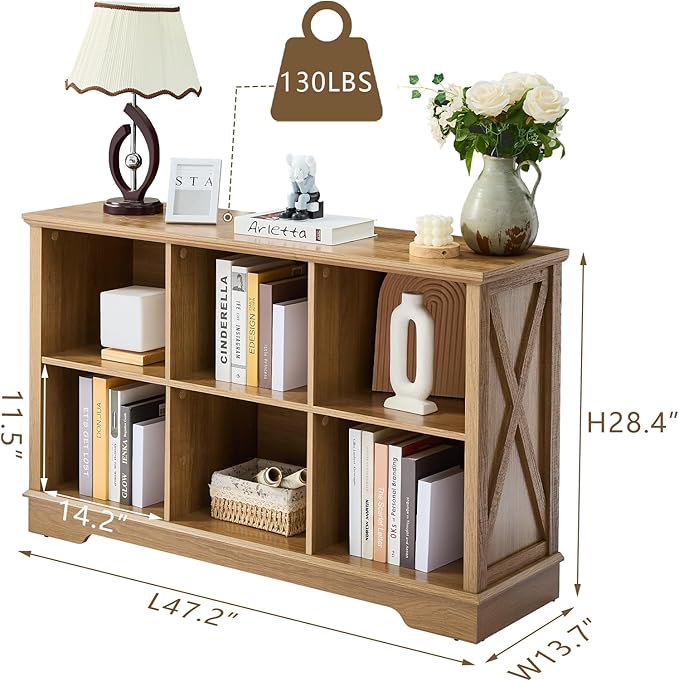Farmhouse 6 Cube Bookshelf, Storage Organizer Bookcase, Kids Toy Storage Cabinet, Long Bookshelves Storage Organizer Shelf, Wood Display Cabinet Book Shelves for Bedroom,Living Room,Natural Oak-Ruum Studio Home