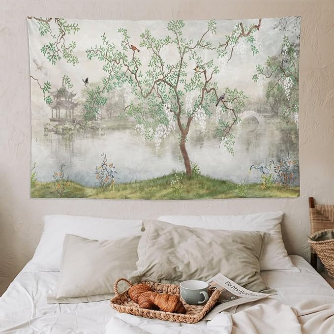 HZOHNAGO Japanese Tapestry Tree Misty Garden Lake Printed Wall Tapestry Ink Painting Wall Hanging for Bedroom Living Room Dorm 90" W x 60" H-Ruum Studio Home