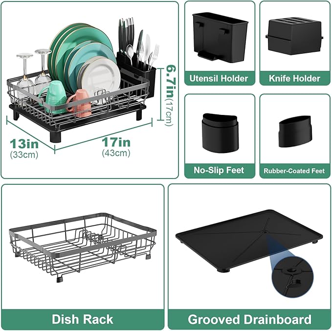 MOUKABAL Dish Drying Rack, Dish Rack, Large Dish Racks for Kitchen Counter, Drying Rack Kitchen with Removable Utensil Holder, Drainboard (Grey/Gray)-Ruum Studio Home