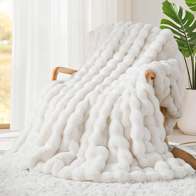 Touchat Luxury 1000GSM Rabbit Faux Fur Blanket, Super Heavy Warm Cozy Brown Blankets for Couch Bed Sofa, Ruched Plush Fuzzy Elegant Soft Reversible Mink Blanket for Living Room Bedroom, 90" x 90"-Ruum Studio Home