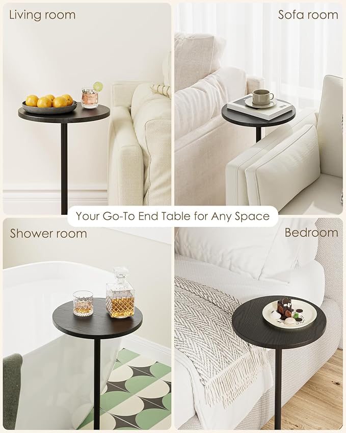 Masupu Drink Table, Round Side Table for Small Spaces, Pedestal Side Table, Small End Table with Metal Base, for Living Room, Bedroom, Bathroom, Black-Ruum Studio Home