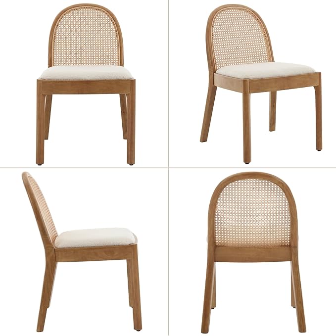Mid Century Dining Chairs Set of 4, Accent Rattan Side Chairs Sherpa Fabric Kitchen Chair with Solid Wooden Legs for Living Room Dining Room, White-Ruum Studio Home