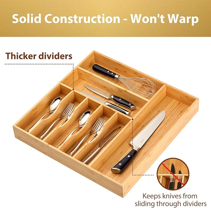 Umilife Large Kitchen Drawer Organizer, 19"x20" Silverware Utensils Organizer, 2.5" High for Large Deep Drawers, Bamboo Flatware Holder with Thick Frames, Sturdy Kitchen Organization Tray-Ruum Studio Home