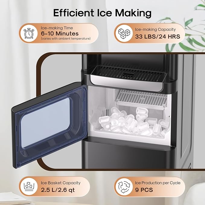 ICEPURE 3-in-1 Water Dispenser with Ice Maker, Water Cooler Dispenser for 5 Gallon Bottle Built-in Bullet Ice Maker Top Loading, Hot and Cold Water Dispenser for Home/Office, 33lbs/24H, Child Lock-Ruum Studio Home