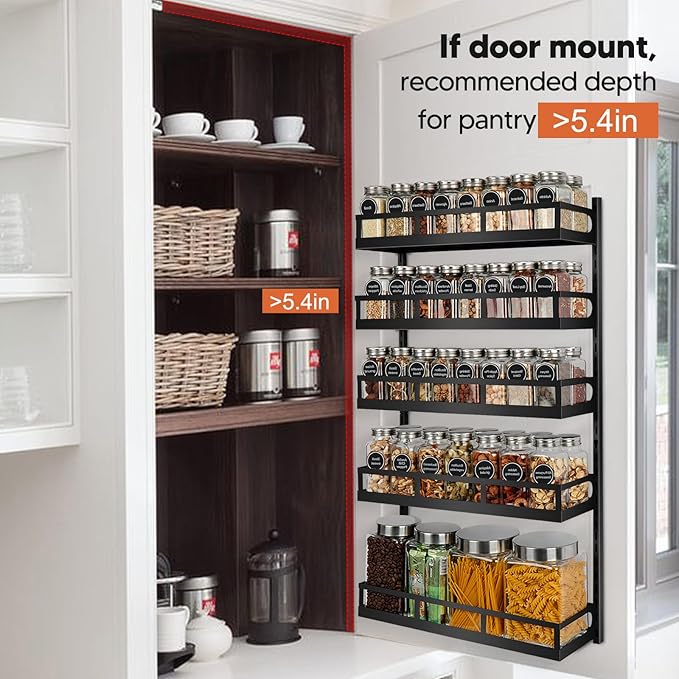 X-cosrack Wall Mount Spice Rack Organizer 5 Tier Height-Adjustable Hanging Spice Shelf Storage for Kitchen Pantry Cabinet, Dual-Use Seasoning Holder Rack with Hooks, Black-Patented-Ruum Studio Home