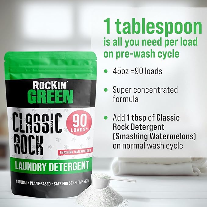 Rockin' Green Classic Rock Laundry Detergent (90 Loads), Plant based, All Natural Laundry Detergent Powder, Vegan and Biodegradable Odor Fighter, Safe for Sensitive Skin, 45 oz (Smashing Watermelons)-Ruum Studio Home