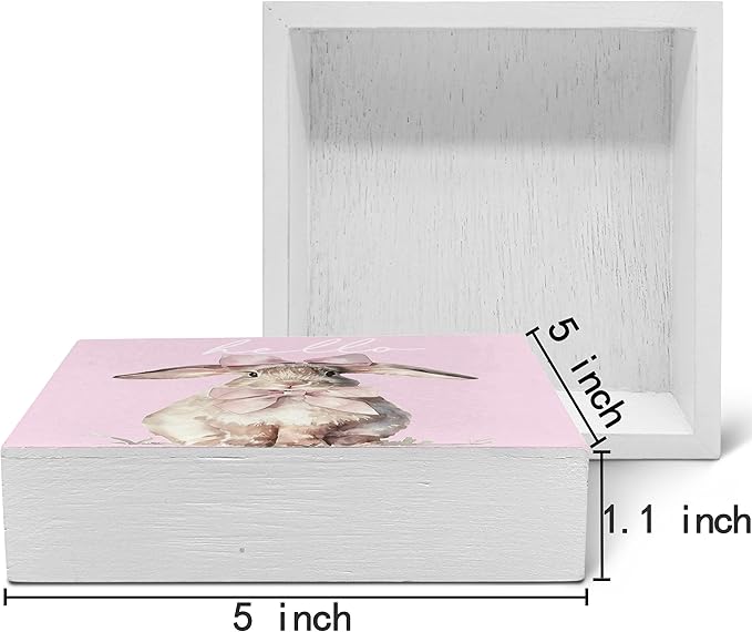 SRADMO Pink Coquette Bow Hello Bunny Wood Box Sign Desk Decor, Bunny Decorations, Easter Theme Wooden Block Box Sign Decoration for Home Office Shelf Table Decor-Ruum Studio Home
