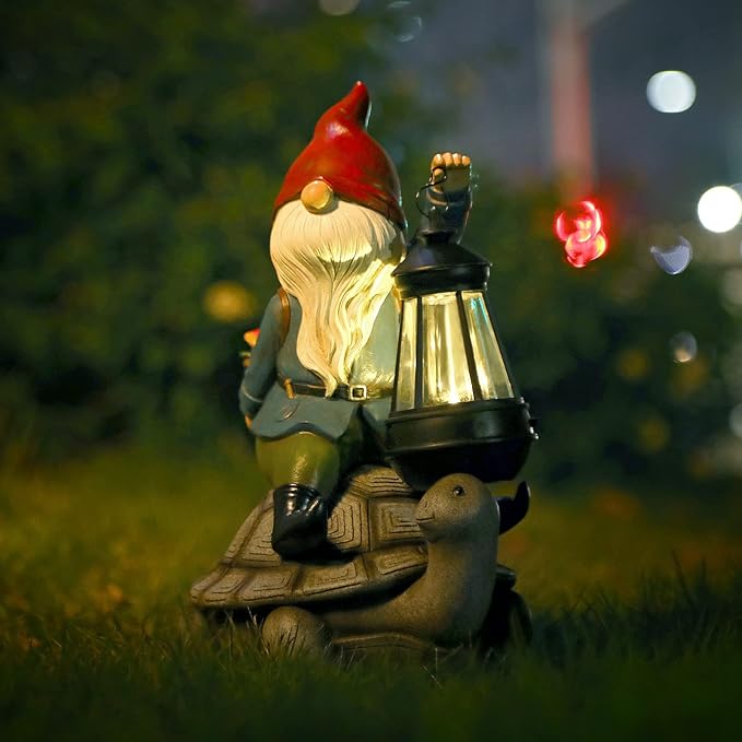 Gnome and Turtle Garden Decor, Large Outdoor Garden Sculptures & Statues, Outside Patio Yard Lawn Decorations, Housewarming for Women, Mom, Grandma with Solar Lantern-Ruum Studio Home