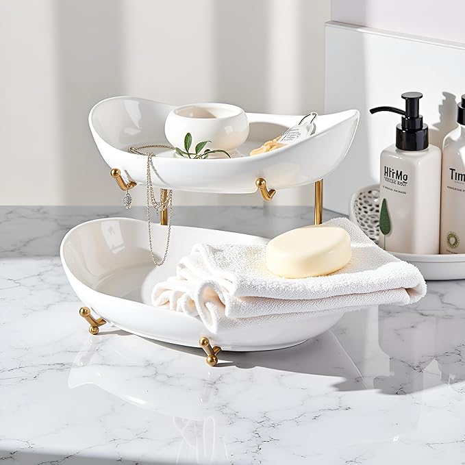 HBlife Extra Large Fruit Basket for Kitchen Counter - 2 Tier Ceramic Fruit Bowl with Metal Stand, Bathroom Countertop Organizer, Tiered Serving Trays for Party-Ruum Studio Home
