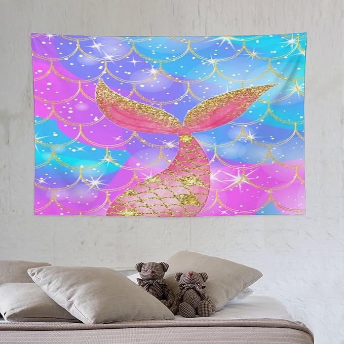 HZOHNAGO Mermaid Scales Tapestry Colorful Shiny Scales Mermaid Tail Pattern Printed Wall Tapestry Wall Hanging for Bedroom Living Room Dorm 60" W x 40" H-Ruum Studio Home