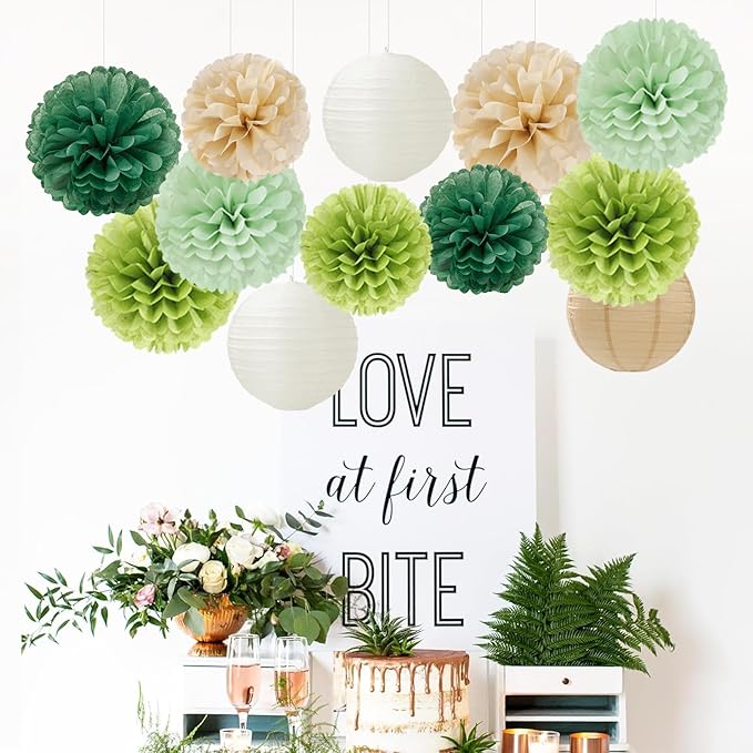 Sage Green-Boho Party-Decorations Paper Flowers Lanterns - 15PCS Birthday Gender Neutral Baby Shower Tissue Pom Poms Streamers, Champagne Gold Rustic Wedding Graduation Hanging Supplies Decor Hugfond-Ruum Studio Home