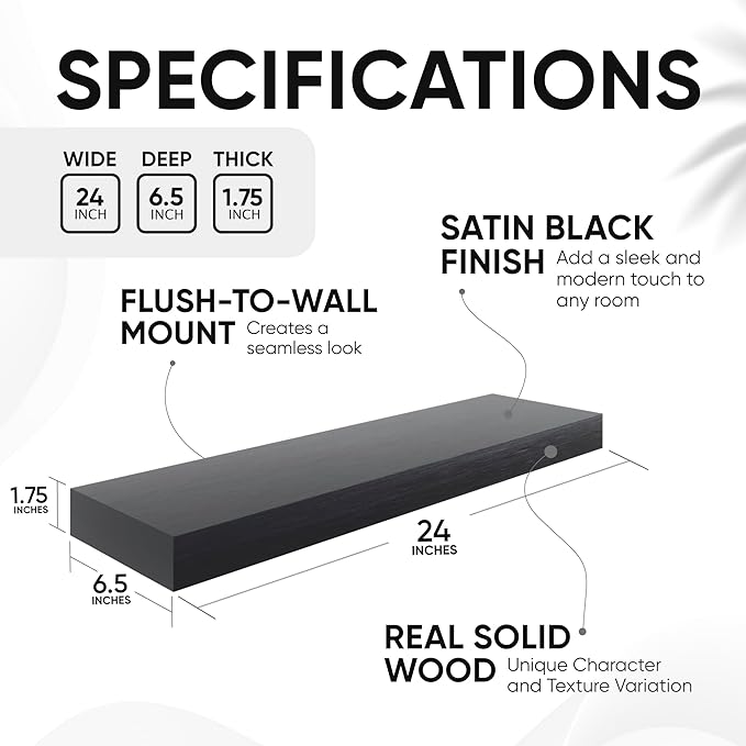 Homeforia Black Floating Shelves 24 inch, High End Solid Real Wood 24inch Bathroom Floating Shelf for Wall Mounted, Black Wooden 24in Floating Shelves, Heavy Duty Bracket, 24 X 6.5 X 1.75 in, Set of 2-Ruum Studio Home