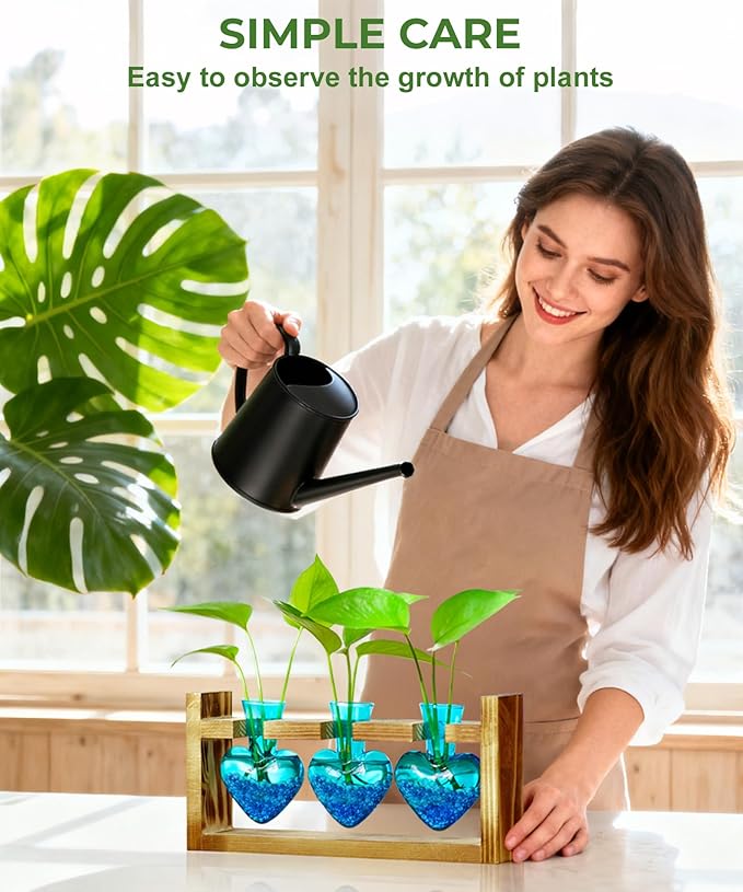 Nacome Plant Terrarium for Office Decor: Birthday Gifts for Plant Lovers Women Mom Wife - Wooden Stand Tabletop Planter 3 Bulb Glass Vase Heart Shaped for Hydroponics Indoor Home-Ruum Studio Home