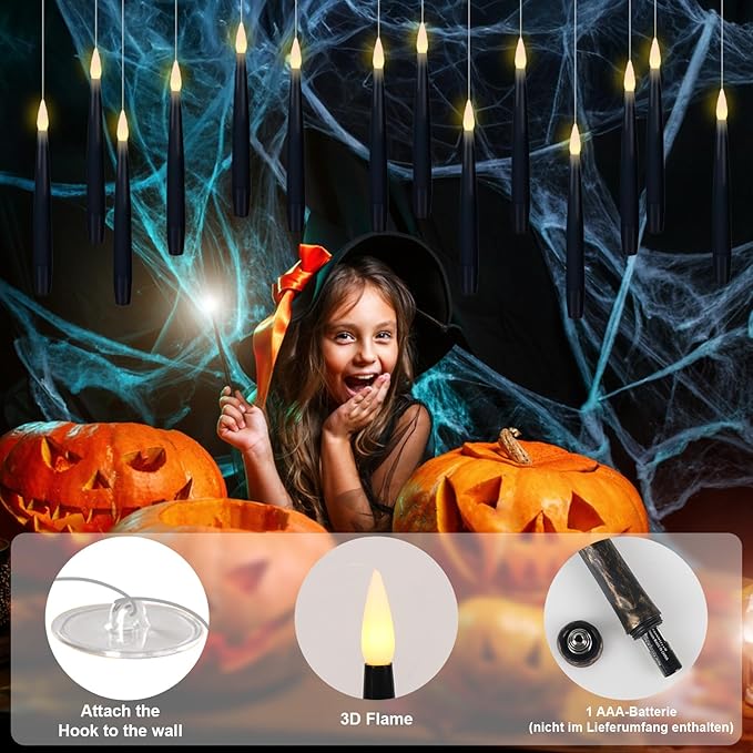 GenSwin 22pcs Flameless Floating Candle with Magic Wand Remote Timer, Battery Operated Hanging Window Candles Flickering, 6.1" LED Electric Candles for Christmas Halloween Decorations(Black)-Ruum Studio Home