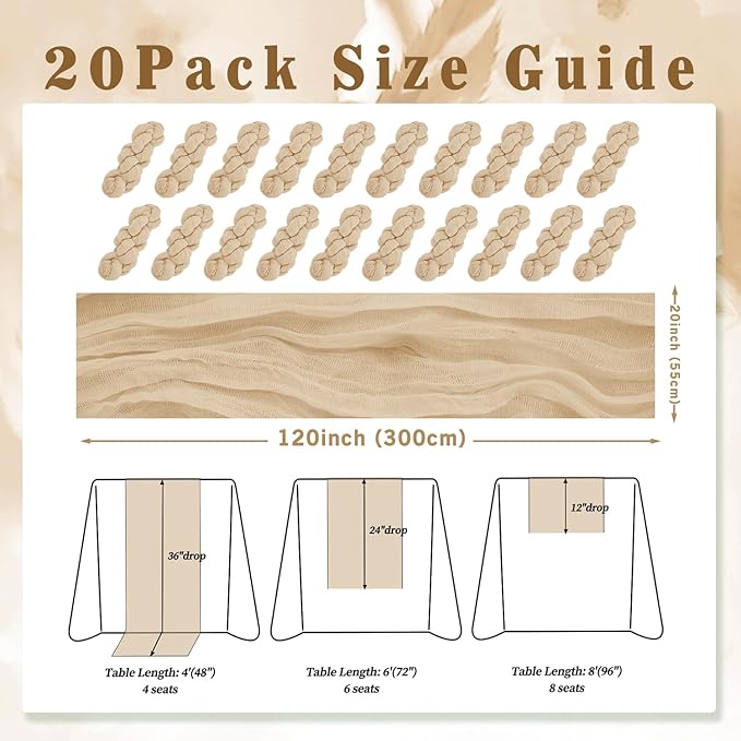 Sand 20 Pack 10FT Cheesecloth Table Runner 20 x 120 Inch Long Rustic Gauze Cheese Cloth Table Runner for Wedding Bridal Baby Shower Table Decorations Boho Fabric Sheer Birthday Party Table Decor-Ruum Studio Home