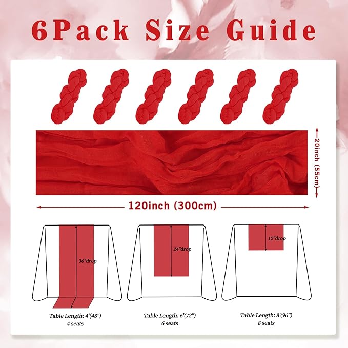 6 Pack Red 10FT Cheesecloth Table Runner Rustic Gauze Fabric Cheese Cloth Table Runner for Wedding Bridal Baby Shower Table Decor Boho Sheer Birthday Party Table Decorations 20 x 120 Inch Long-Ruum Studio Home